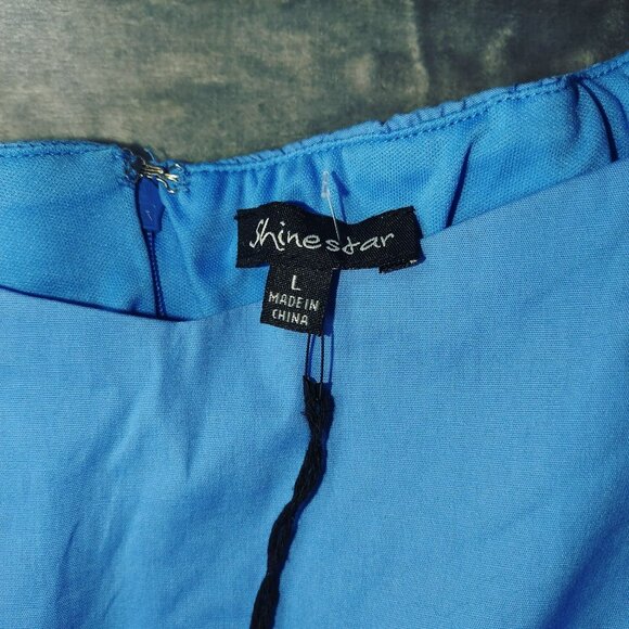 Shinestar Off-Shoulder Cropped‎ Top With Flared Sleeves Size L Blue NWT - Picture 8 of 10